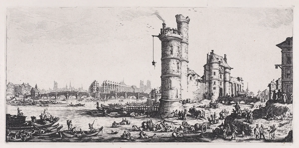 Vue de Pont-Neuf (View of the Pont-Neuf), from "Les Deux Grandes Vues de Paris" (The Two Large Views of Paris) by Jacques Callot, print, 1625-1635