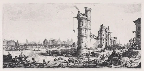 Vue de Pont-Neuf (View of the Pont-Neuf), from "Les Deux Grandes Vues de Paris" (The Two Large Views of Paris) by Jacques Callot, print, 1625-1635