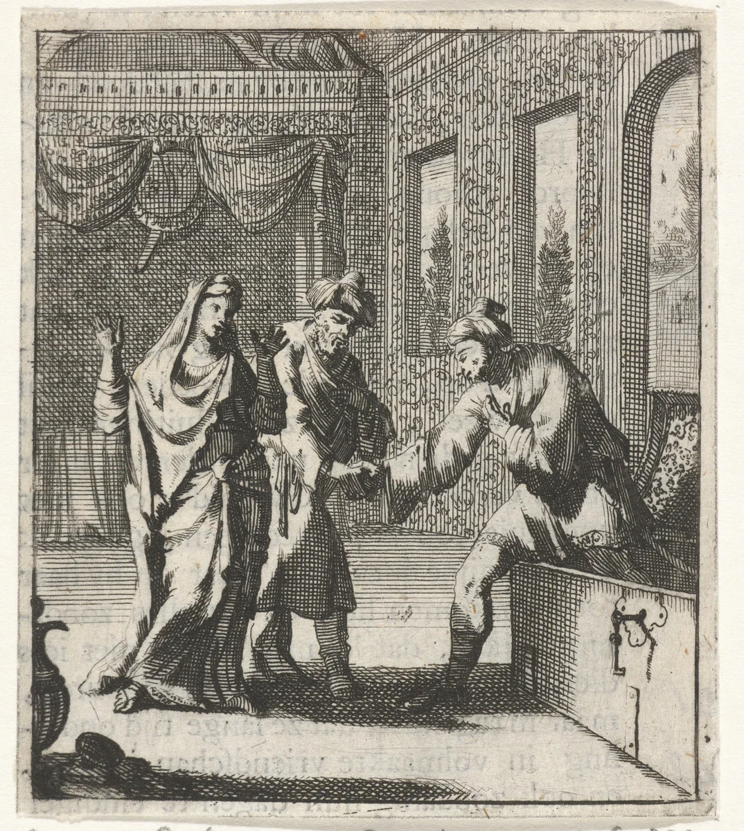 Bedrogen echtgenoot haalt de minnaar van zijn vrouw uit een kist by Jan Luyken, print, 1693