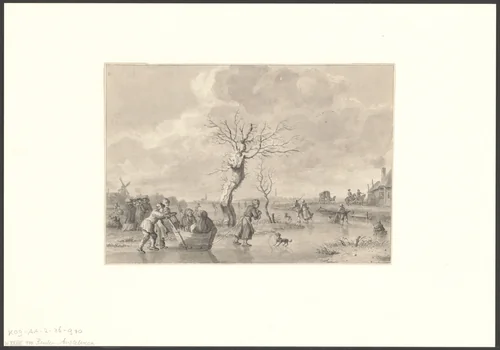 Gezicht op een bevroren rivier te Amstelveen by anonymous, drawing, 1650-1750