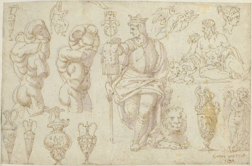 Beelden, een fresco en een tekening by anonymous, drawing, 1550-1570