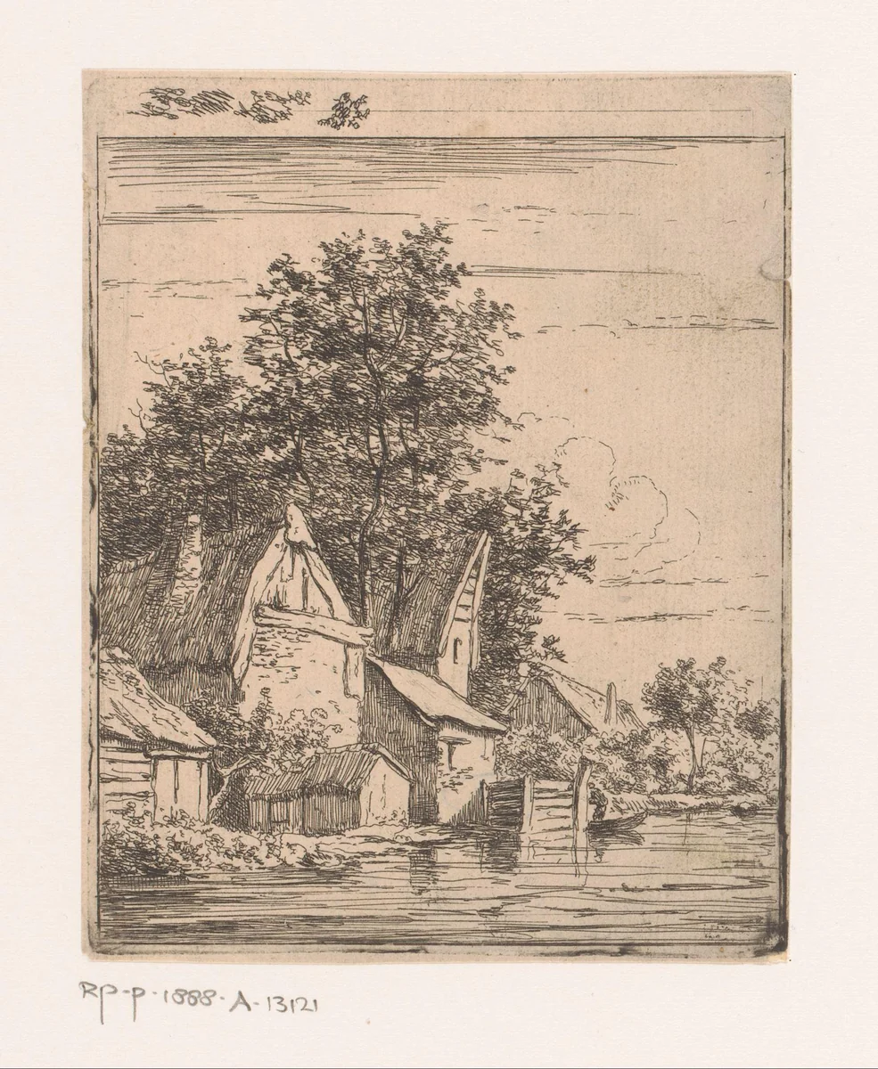 Kleine gebouwen aan het water by Jean Théodore Joseph Linnig, print, 1847