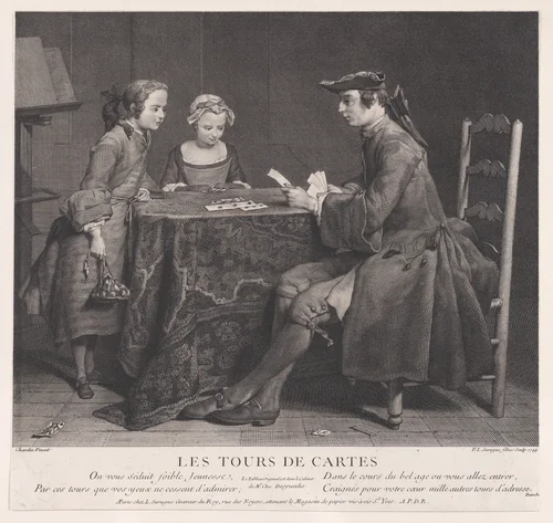 Card Tricks by Pierre Louis Surugue, print, 1744