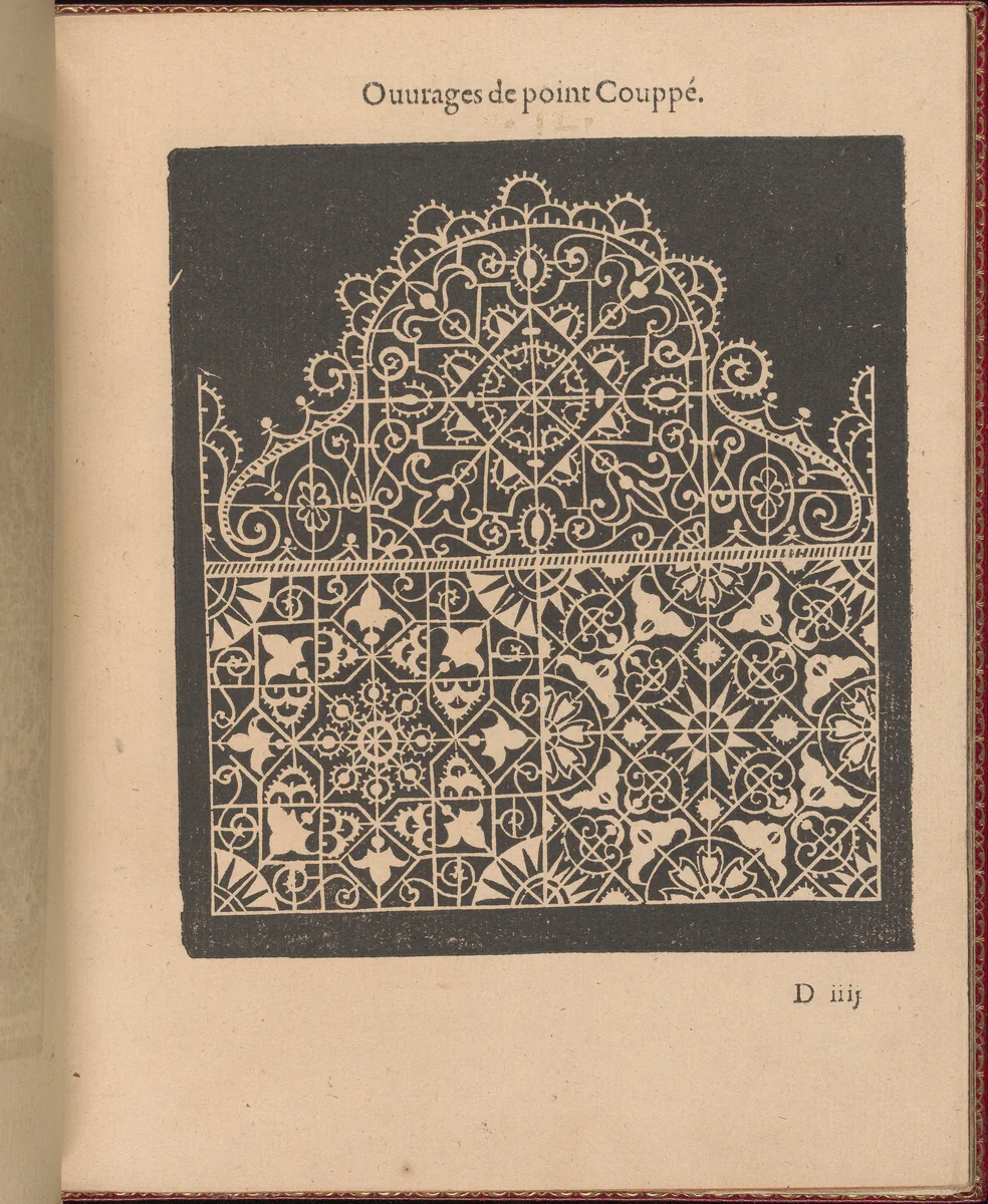 Les Singuliers et Nouveaux Portraicts... page 16 (recto) by Federico de Vinciolo, book, 1588