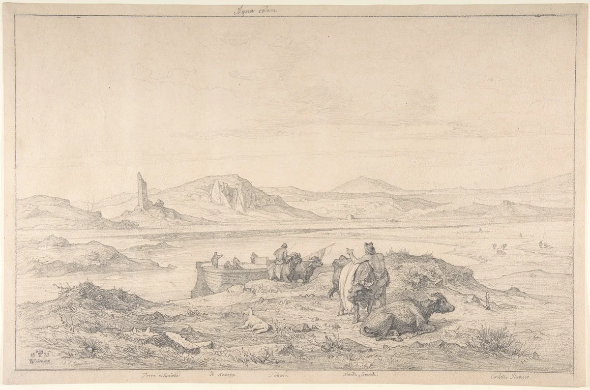 Italian Landscape with the Tiber River and Men with Cattle and a Boat by Friedrich Preller, drawing, 1873