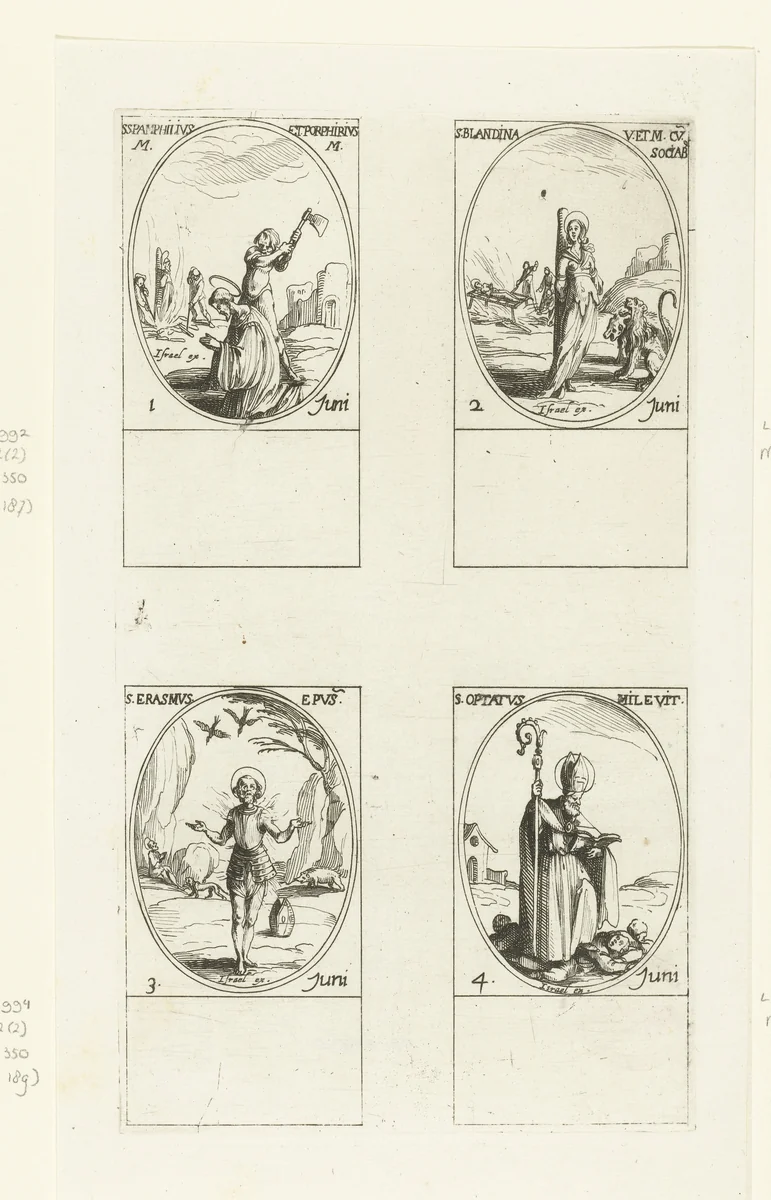 Heilige Pamphilus en Heilige Porphyrius van Caesarea, Heilige Blandina en gezellen, Heilige Erasmus van Formia, Heilige Optatus Afer van Mileve (1-4 juni) by Jacques Callot, print, 1632-1636