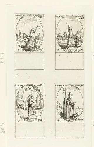 Heilige Pamphilus en Heilige Porphyrius van Caesarea, Heilige Blandina en gezellen, Heilige Erasmus van Formia, Heilige Optatus Afer van Mileve (1-4 juni) by Jacques Callot, print, 1632-1636