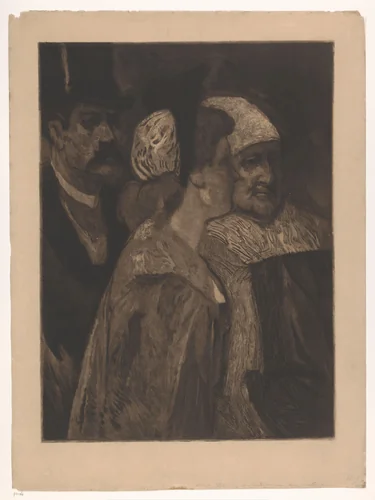 Twee vrouwen en een man met hoge hoed by Albert Bertrand, print, 1864-1912