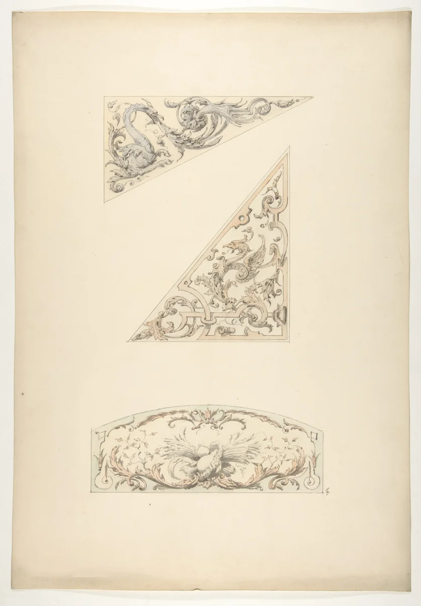 Three designs for painted decorative motifs featuring griffins and scrollwork by Jules-Edmond-Charles Lachaise, drawing, 1830-1897