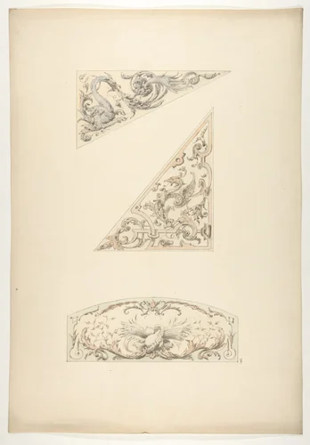 Three designs for painted decorative motifs featuring griffins and scrollwork by Jules-Edmond-Charles Lachaise, drawing, 1830-1897
