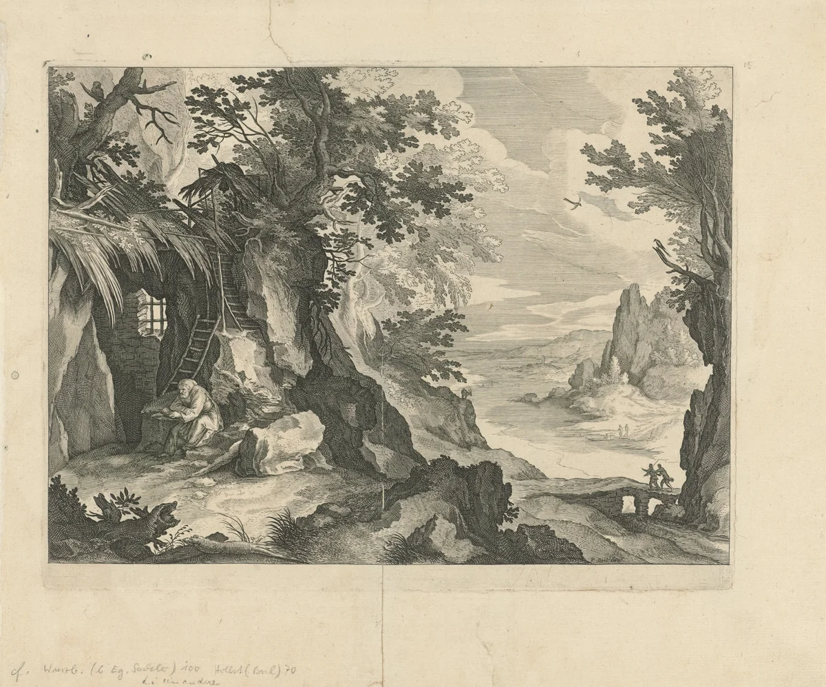 Kluizenaar in landschap by Unknown, print, 1580-1629