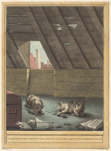 La querelle des chiens et des chats et celle des chats et des souris (The Quarrel of Cats and Dogs, and that of Cats and Mice) by Johann Christoph Teucher, Jean-Baptiste Oudry, print, 1759