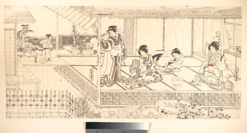 Two Court Ladies (Goten Jochu) and a Geisha at a Restaurant by Utagawa Kunisada (歌川国貞), print, 1845-1868