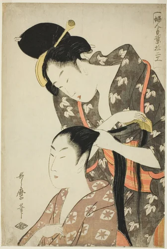 Hairdresser, from the series "Twelve Types of Women's Handicraft (Fujin tewaza juni ko)" by Kitagawa Utamaro (喜多川歌麿), print, 1793-1804