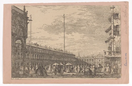 Piazza San Marco with the Procuratie Nuove on the left and the church of San Geminiano in the background by Canaletto, print, 1735-1746