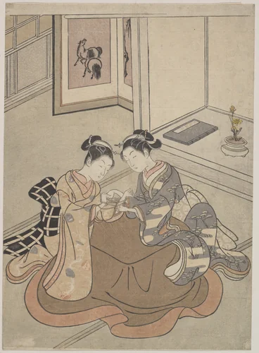 Two Young Women Seated by a Kotatsu Playing Cat's Cradle by Suzuki Harunobu (鈴木春信), print, 1755-1775