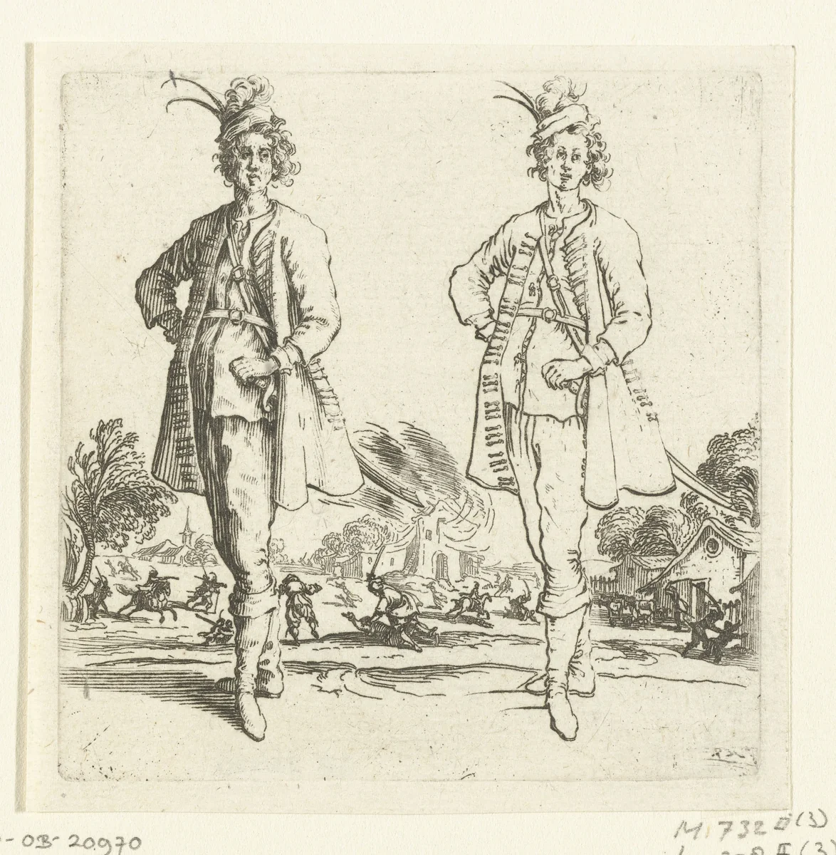 Tweemaal dezelfde soldaat met kleine gepluimde hoed en de hand in de zij, van voren gezien by Jacques Callot, print, 1621-1624