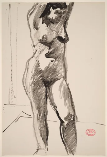 Untitled [standing female nude with arms raised] by Richard Diebenkorn, drawing, 1955-1967