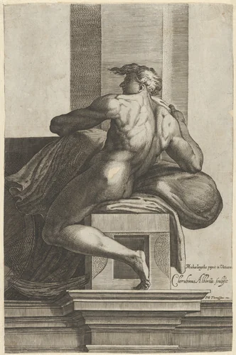 A naked man (Ignudo), seated and facing left, after Michelangelo's 'The Last Judgment' fresco in the Sistine Chapel by Cherubino Alberti, print, 1580-1590