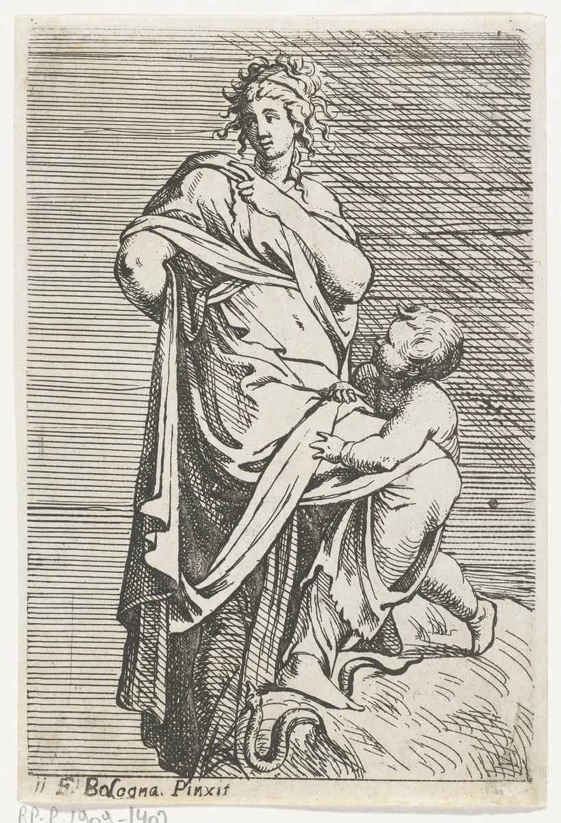 Vrouw vertrappelt een slang by Eloy Bonnejonne, print, 1640-1695