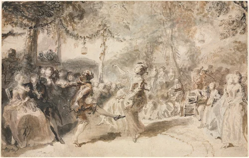 Costumed Dancers Performing in a Garden Tavern by Gabriel de Saint-Aubin, drawing, 1756
