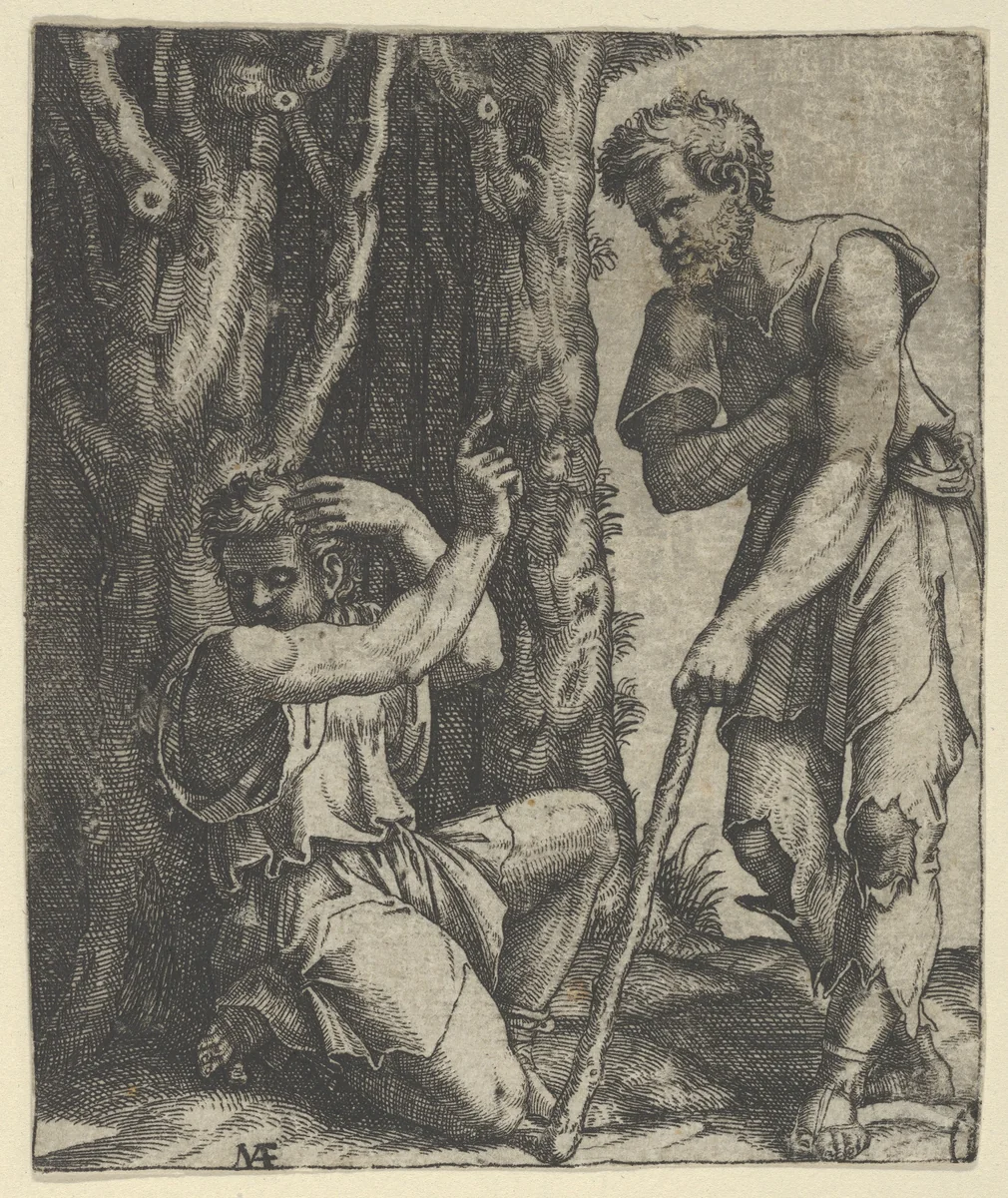 Man kneeling at the edge of a wood pointing with his right hand towards a shepherd standing in front of him leaning on a staff by Marcantonio Raimondi, print, 1495-1539