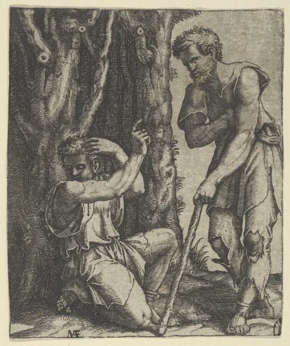 Man kneeling at the edge of a wood pointing with his right hand towards a shepherd standing in front of him leaning on a staff by Marcantonio Raimondi, print, 1495-1539