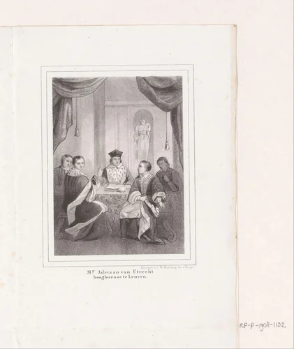 Scène uit het leven van Paus Adrianus VI: Adriaan aan tafel met studenten by anonymous, print, 1846