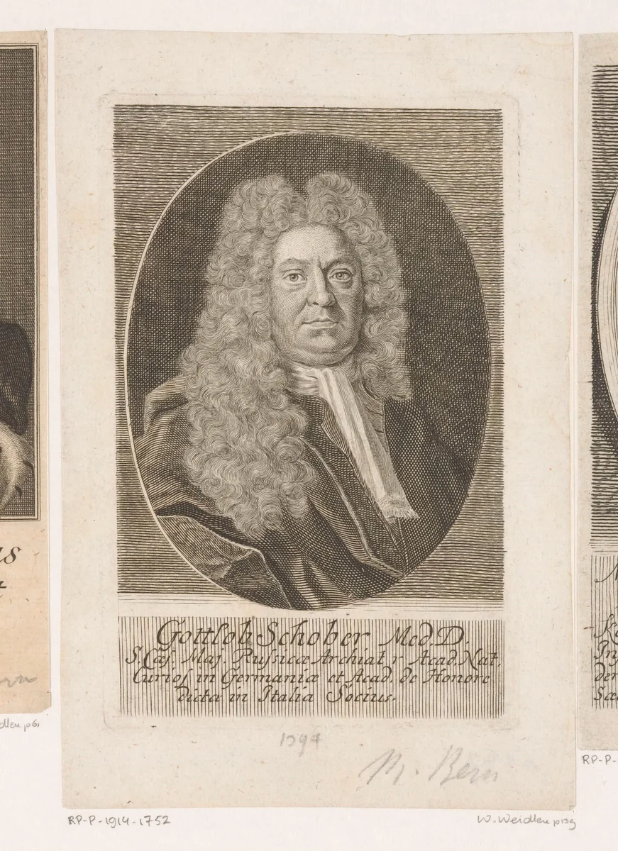 Portret van Gottlob Schober by Martin Bernigeroth, print, 1725
