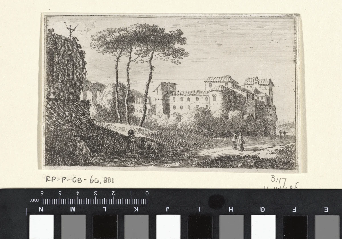 Gezicht op de kerk Santi Quattro Coronati by Herman van Swanevelt, print, 1629-1655