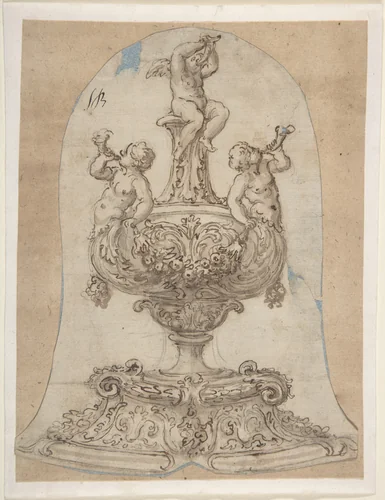 Design for a Vessel with Two Tritons Blowing Horns and a Winged Putto on Top by Giovanni Battista Foggini, drawing, 1652-1725