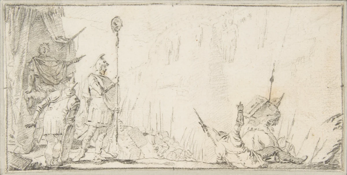 Illustration for a Book: Soldier in front of "General" Holding up a Decapitated Head on a Staff by Giovanni Battista Tiepolo, drawing, 1696-1770