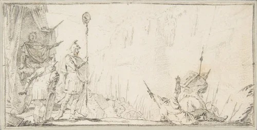 Illustration for a Book: Soldier in front of "General" Holding up a Decapitated Head on a Staff by Giovanni Battista Tiepolo, drawing, 1696-1770