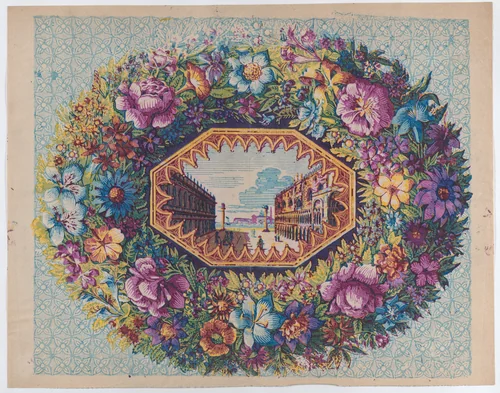 Sheet with a view of San Marco within a floral wreath by anonymous, print, 1775-1875