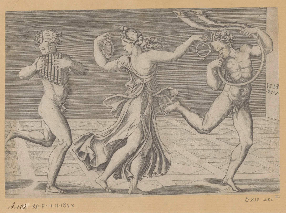 Dansende maenade en saters by Unknown, print, 1516