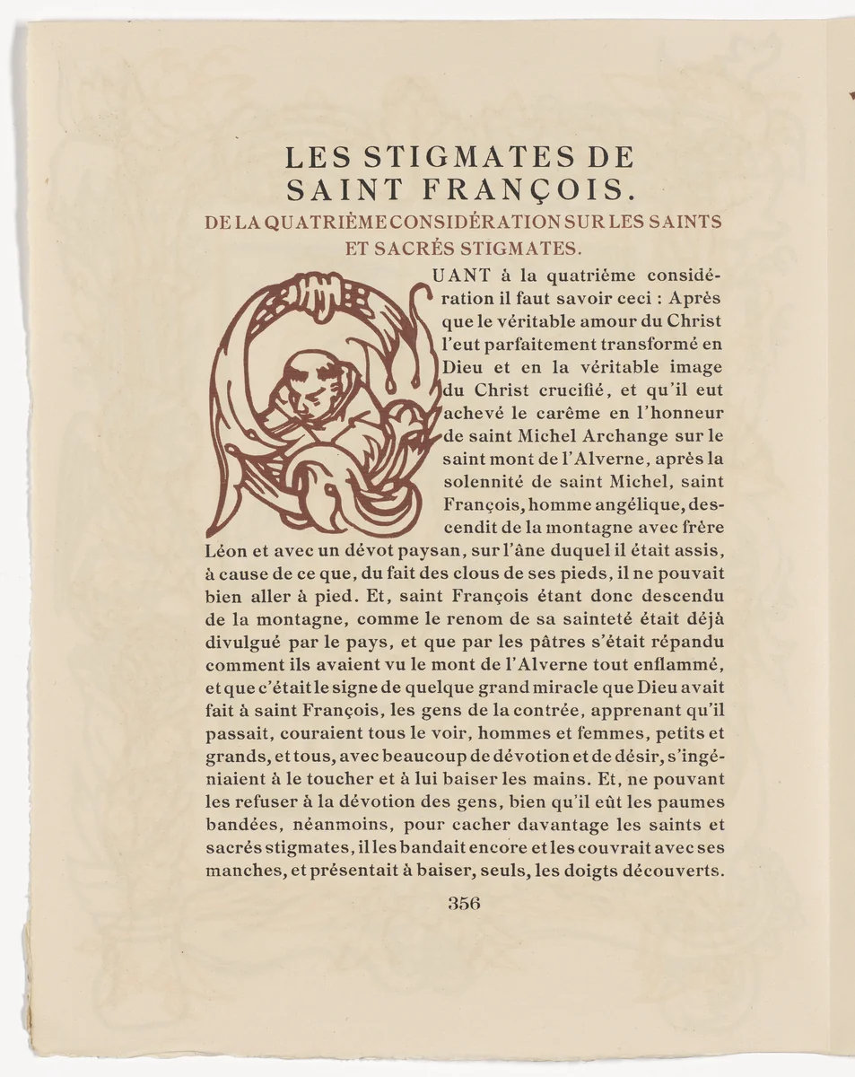 Pictorial initial (page 356) from Les Petites Fleurs de St. François (The Little Flowers of St. Francis) by Émile Bernard, illustrated book, 1928