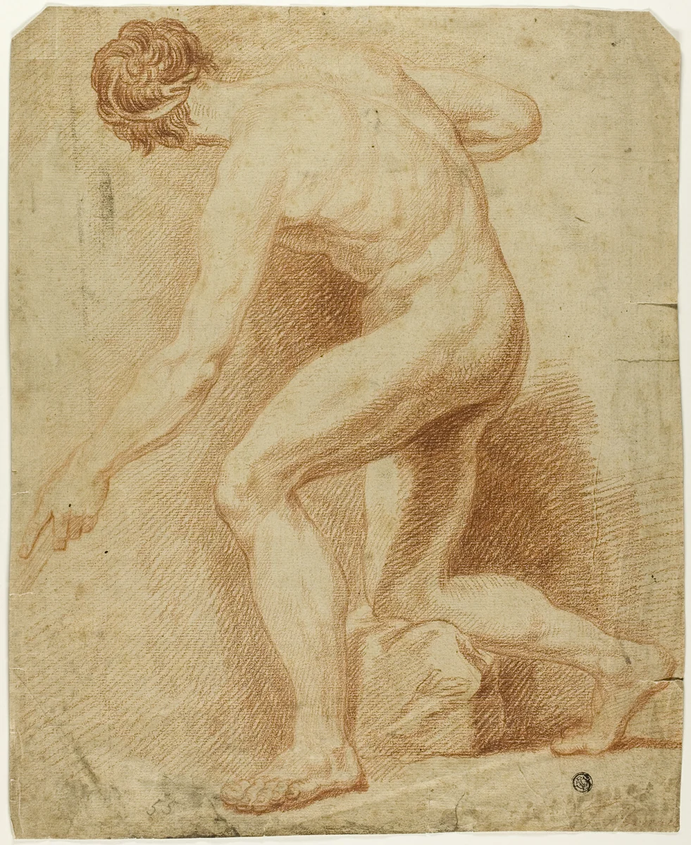 Academic Male Nude, Half-Kneeling and Seen from the Back by Unknown Artist, drawing