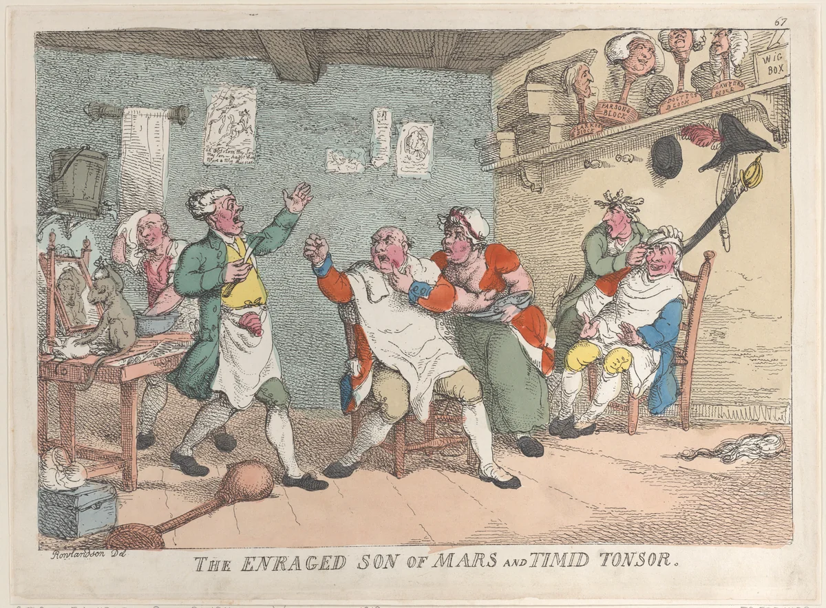 The Enraged Son of Mars and Timid Tonsor by Thomas Rowlandson, print, 1811