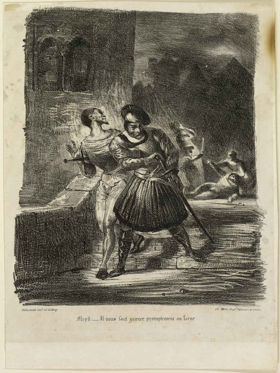 Mephistopheles and Faust Fleeing after the Duel by Eugène Delacroix, print, 1828