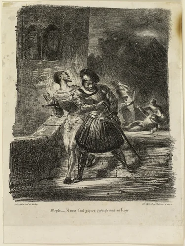 Mephistopheles and Faust Fleeing after the Duel by Eugène Delacroix, print, 1828