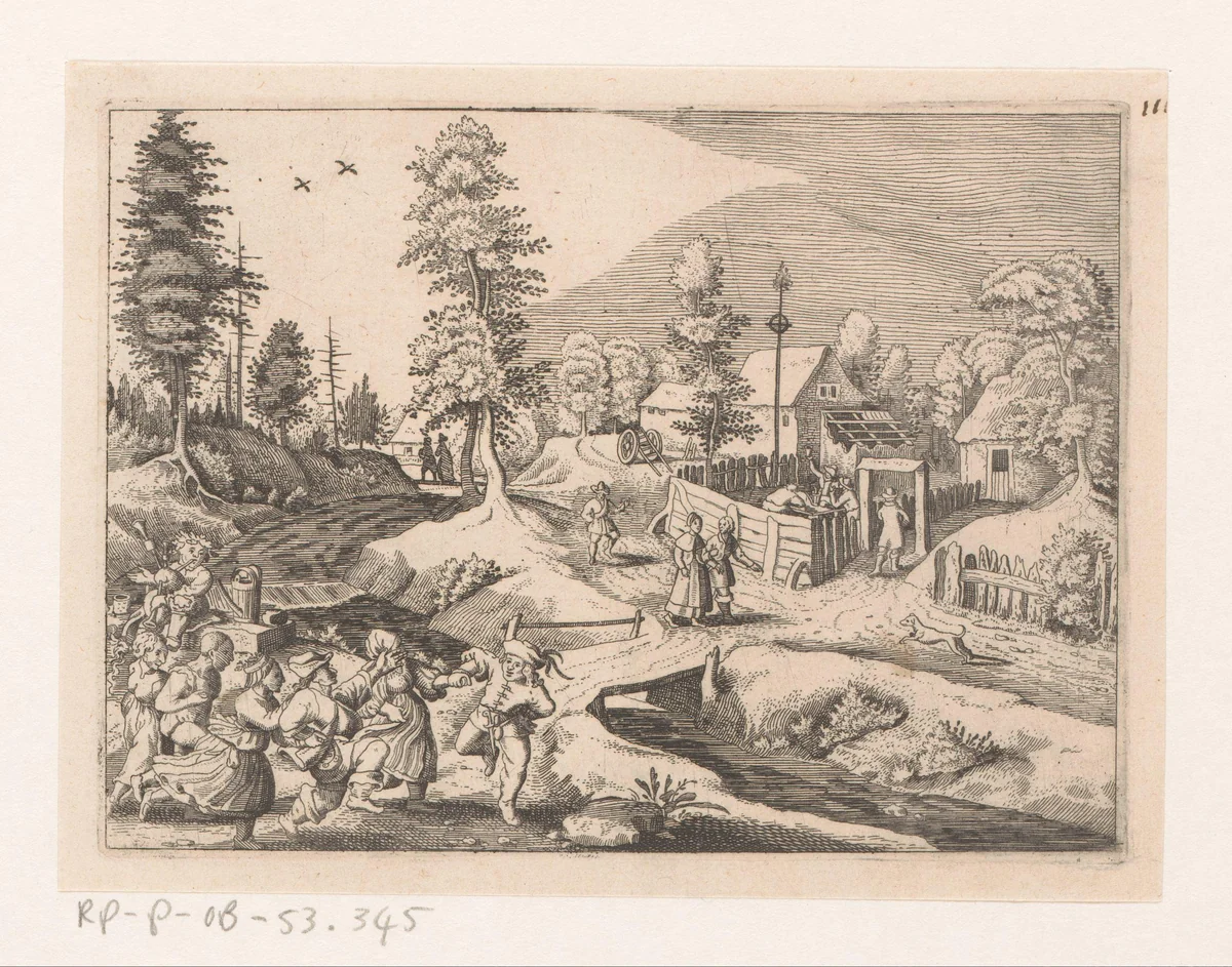 Landschap met stoet dansende boeren by anonymous, print, 1620