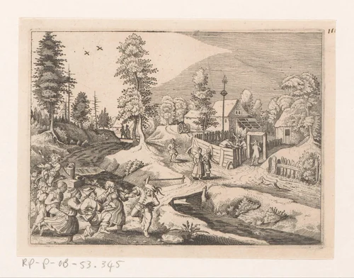 Landschap met stoet dansende boeren by anonymous, print, 1620