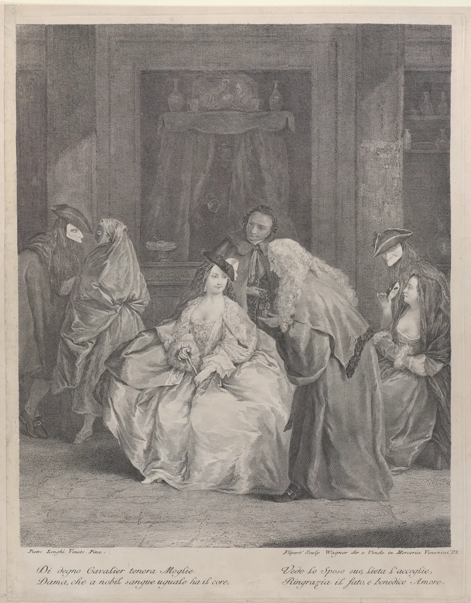 The Meeting, a man bows before a seated woman at center, while couples wearing masks converse in the background by Charles Joseph Flipart, print, 1748