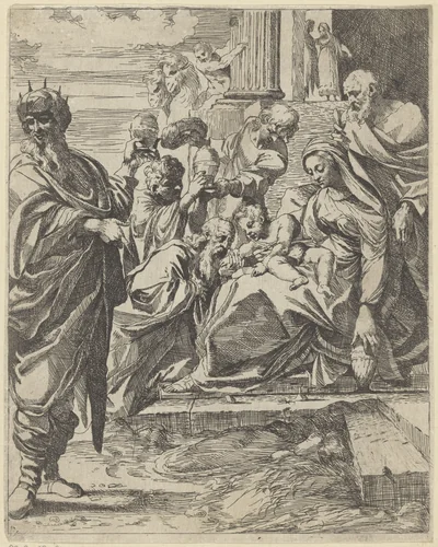 Aanbidding door de koningen by Unknown, print, 1584-1623