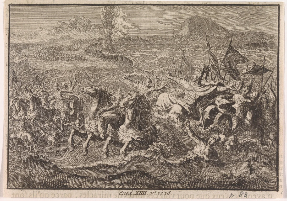 Vernietiging van het Egyptische leger in de Rode Zee by Jan Luyken, print, 1703-1762