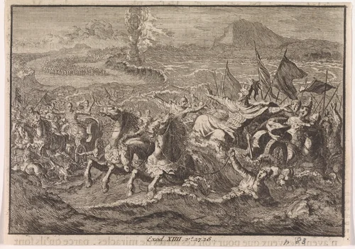 Vernietiging van het Egyptische leger in de Rode Zee by Jan Luyken, print, 1703-1762