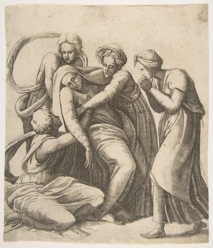 The Virgin fainting and being supported in the arms of the holy women by Giulio Bonasone, print, 1531-1576
