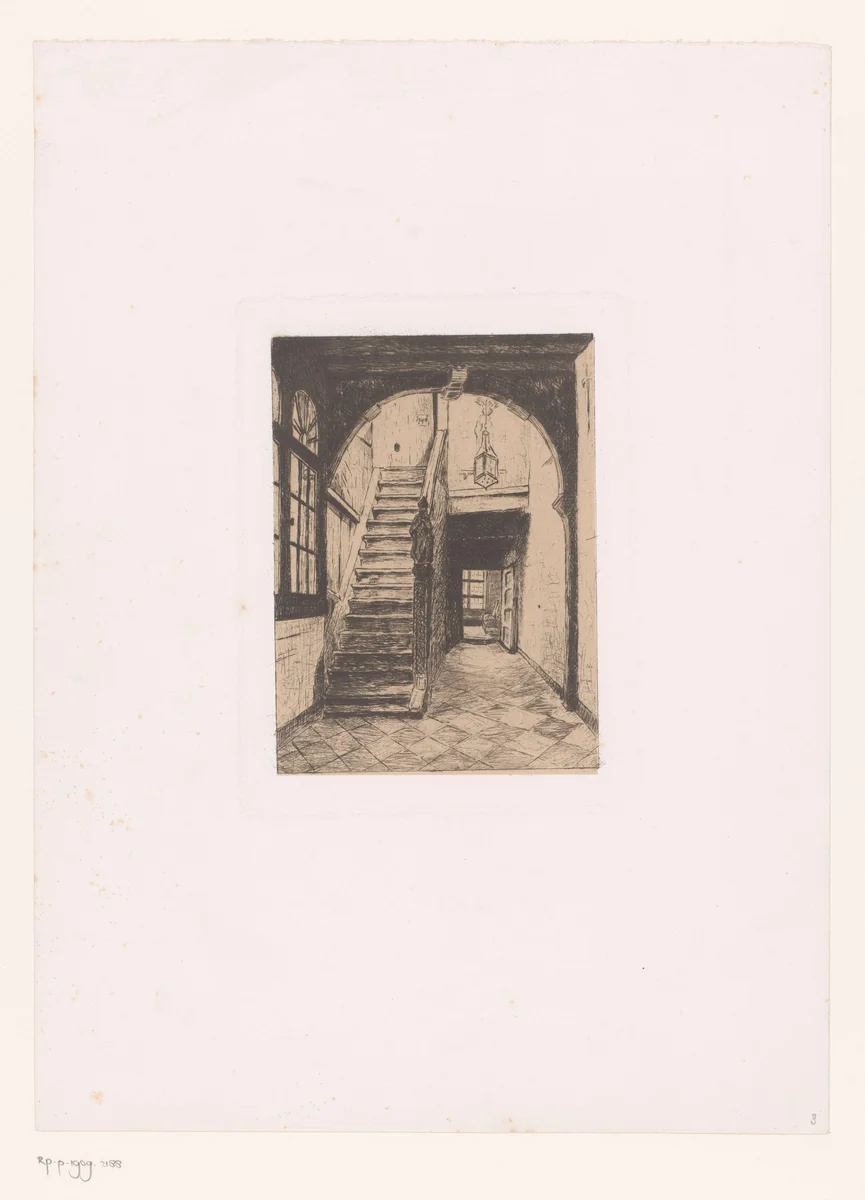 Interieur met een trap by W.F. Barber, print, 1850-1909