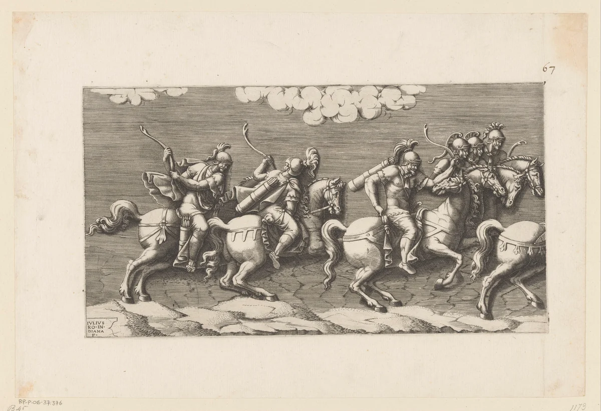 Optocht van gewapende ruiters (linkerdeel) by Unknown, print, 1575