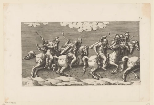 Optocht van gewapende ruiters (linkerdeel) by Unknown, print, 1575